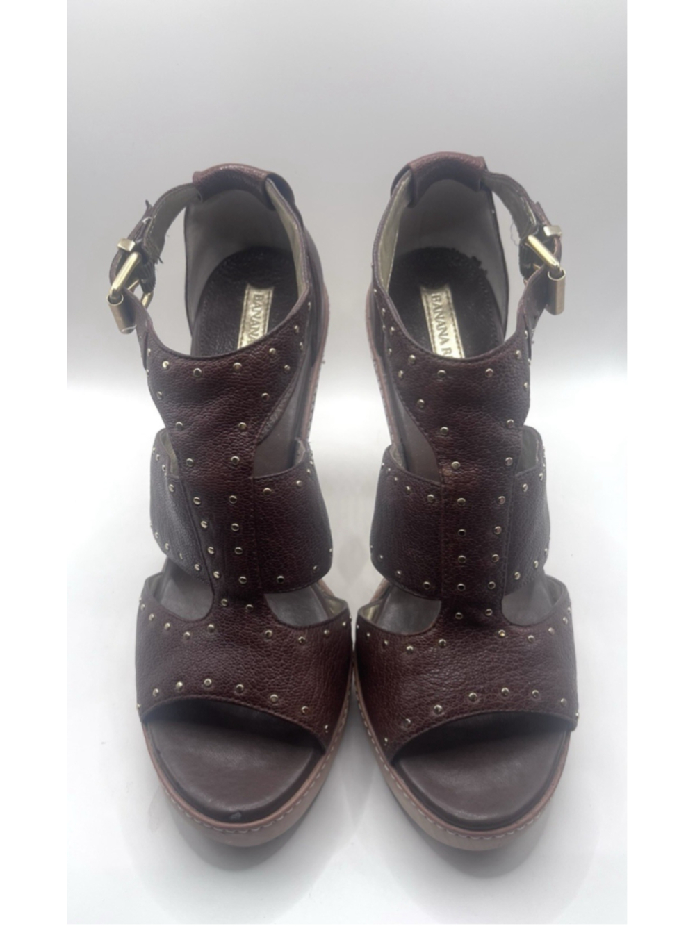 Banana Republic Bonnie Studded Sandals Womens 9 Strap Platform Heels Brown Gold - Picture 3 of 14